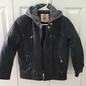 Boys faux leather jacket with built in grey Hoodie